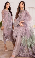 EMBROIDERED NET FRONT EMBROIDERED NET BACK EMBROIDERED NET SLEEVES EMBROIDERED SLEEVES BORDER EMBROIDERED FRONT & BACK BORDERS EMBROIDERED NET DUPATTA EMBROIDERED DUPATTA PATCHES DYED TROUSER