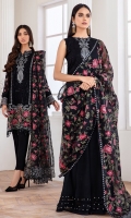 EMBROIDERED CHIFFON FRONT PANNEL EMBROIDERED CHIFFON SIDE PANNELS EMBROIDERED CHIFFON BACK PANNEL EMBROIDERED CHIFFON SLEEVES EMBROIDERD SLEEVES BORDER EMBROIDERD FRONT & BACK BORDERS EMBROIDERED ORGANZA DUPATTA EMBROIDERED DUPATTA BORDER DYED TROUSER
