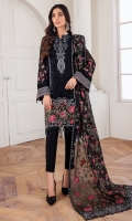 EMBROIDERED CHIFFON FRONT PANNEL EMBROIDERED CHIFFON SIDE PANNELS EMBROIDERED CHIFFON BACK PANNEL EMBROIDERED CHIFFON SLEEVES EMBROIDERD SLEEVES BORDER EMBROIDERD FRONT & BACK BORDERS EMBROIDERED ORGANZA DUPATTA EMBROIDERED DUPATTA BORDER DYED TROUSER