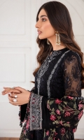 EMBROIDERED CHIFFON FRONT PANNEL EMBROIDERED CHIFFON SIDE PANNELS EMBROIDERED CHIFFON BACK PANNEL EMBROIDERED CHIFFON SLEEVES EMBROIDERD SLEEVES BORDER EMBROIDERD FRONT & BACK BORDERS EMBROIDERED ORGANZA DUPATTA EMBROIDERED DUPATTA BORDER DYED TROUSER