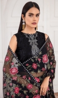 EMBROIDERED CHIFFON FRONT PANNEL EMBROIDERED CHIFFON SIDE PANNELS EMBROIDERED CHIFFON BACK PANNEL EMBROIDERED CHIFFON SLEEVES EMBROIDERD SLEEVES BORDER EMBROIDERD FRONT & BACK BORDERS EMBROIDERED ORGANZA DUPATTA EMBROIDERED DUPATTA BORDER DYED TROUSER