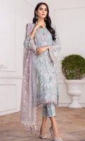 EMBROIDERED CHIFFON FRONT EMBROIDERED CHIFFON BACK EMBROIDERED CHIFFON SLEEEVES EMBROIDERED ORGANZA DUPATTA EMBROIDERED FRONT & BACK BORDERS EMBROIDERED SLEEVES BORDERS PASTE PRINTED TROUSER