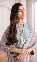 EMBROIDERED CHIFFON FRONT EMBROIDERED CHIFFON BACK EMBROIDERED CHIFFON SLEEEVES EMBROIDERED ORGANZA DUPATTA EMBROIDERED FRONT & BACK BORDERS EMBROIDERED SLEEVES BORDERS PASTE PRINTED TROUSER