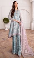 EMBROIDERED CHIFFON FRONT EMBROIDERED CHIFFON BACK EMBROIDERED CHIFFON SLEEEVES EMBROIDERED ORGANZA DUPATTA EMBROIDERED FRONT & BACK BORDERS EMBROIDERED SLEEVES BORDERS PASTE PRINTED TROUSER
