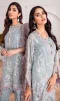 EMBROIDERED CHIFFON FRONT EMBROIDERED CHIFFON BACK EMBROIDERED CHIFFON SLEEEVES EMBROIDERED ORGANZA DUPATTA EMBROIDERED FRONT & BACK BORDERS EMBROIDERED SLEEVES BORDERS PASTE PRINTED TROUSER