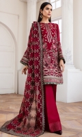 EMBROIDERED CHIFFON FRONT PANNEL EMBROIDERED CHIFFON FRONT SIDE PANNELS EMBROIDERED CHIFFON BACK PANNEL EMBROIDERED CHIFFON BACK SIDE PANNELS EMBROIDERED CHIFFON SLEEVES EMBROIDERED SLEEVES BORDER EMBROIDERED FRONT & BACK BORDERS EMBROIDERED ORGANZA DUPATTA EMBROIDERD DUPATTA BORDERS DYED TROUSER