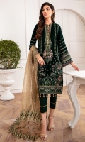 EMBROIDERED VELVET FRONT EMBROIDERED VELVET BACK EMBROIDERED VELVET SLEEVES EMBROIDERED FRONT & BACK BORDER EMBROIDERED SLEEVES BORDER EMBROIDERD ORGANZA DUPATTA EMBROIDERD ORGANZA DUPATTA PATCHES DYED TROUSER