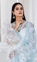 EMBROIDERED NET FRONT EMBROIDERED NET BACK EMBROIDERED NET SLEEVES EMBROIDERED FRONT & BACK BORDER EMBROIDERED SLEEVES BORDERS PASTE PRINTED ORGANZA DUPATTA DYED TROUSER