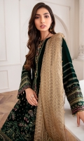 EMBROIDERED VELVET FRONT EMBROIDERED VELVET BACK EMBROIDERED VELVET SLEEVES EMBROIDERED FRONT & BACK BORDER EMBROIDERED SLEEVES BORDER EMBROIDERD ORGANZA DUPATTA EMBROIDERD ORGANZA DUPATTA PATCHES DYED TROUSER