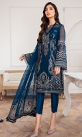 EMBROIDERED CHIFFON FRONT EMBROIDERED CHIFFON SIDE PANNELS EMBROIDERED CHIFFON BACK EMBROIDERED CHIFFON SLEEVES EMBROIDERED CHIFFON DUPATTA EMBROIDERED FRONT & BACK BORDER EMBROIDERED SLEEVES BOREDR DYED TROUSER