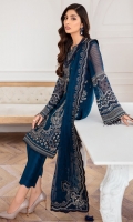 EMBROIDERED CHIFFON FRONT EMBROIDERED CHIFFON SIDE PANNELS EMBROIDERED CHIFFON BACK EMBROIDERED CHIFFON SLEEVES EMBROIDERED CHIFFON DUPATTA EMBROIDERED FRONT & BACK BORDER EMBROIDERED SLEEVES BOREDR DYED TROUSER