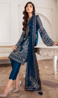 EMBROIDERED CHIFFON FRONT EMBROIDERED CHIFFON SIDE PANNELS EMBROIDERED CHIFFON BACK EMBROIDERED CHIFFON SLEEVES EMBROIDERED CHIFFON DUPATTA EMBROIDERED FRONT & BACK BORDER EMBROIDERED SLEEVES BOREDR DYED TROUSER