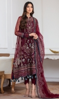 EMBROIDERED NET FRONT EMBROIDERED NET SIDE PANNELS EMBROIDERED NET SLEEVES EMBROIDERED NET BACK EMBROIDERED NET DUPATTA EMBROIDERED FRONT & BACK BORDER EMBROIDERED SLEEVES BORDER EMBROIDERED TROUSER PATCH DYED TROUSER