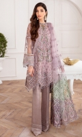 EMBROIDERED NET FRONT EMBROIDERED NET BACK EMBROIDERED NET SLEEVES EMBROIDERED SLEEVES BORDER EMBROIDERED FRONT & BACK BORDERS EMBROIDERED NET DUPATTA EMBROIDERED DUPATTA PATCHES DYED TROUSER