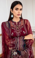 EMBROIDERED NET FRONT EMBROIDERED NET SIDE PANNELS EMBROIDERED NET SLEEVES EMBROIDERED NET BACK EMBROIDERED NET DUPATTA EMBROIDERED FRONT & BACK BORDER EMBROIDERED SLEEVES BORDER EMBROIDERED TROUSER PATCH DYED TROUSER