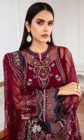 EMBROIDERED NET FRONT EMBROIDERED NET SIDE PANNELS EMBROIDERED NET SLEEVES EMBROIDERED NET BACK EMBROIDERED NET DUPATTA EMBROIDERED FRONT & BACK BORDER EMBROIDERED SLEEVES BORDER EMBROIDERED TROUSER PATCH DYED TROUSER
