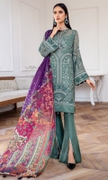 EMBROIDERED CHIFFON FRONT EMBROIDERED CHIFFON BACK EMBROIDERD CHIFFON SLEEVES EMBROIDERED CHIFFON SLEEVES BORDER EMBROIDERED FRONT & BACK BORDERS DIGITAL PRINTED VISCOSE SILK DUPATTA DYED TROUSER