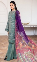 EMBROIDERED CHIFFON FRONT EMBROIDERED CHIFFON BACK EMBROIDERD CHIFFON SLEEVES EMBROIDERED CHIFFON SLEEVES BORDER EMBROIDERED FRONT & BACK BORDERS DIGITAL PRINTED VISCOSE SILK DUPATTA DYED TROUSER