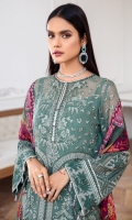 EMBROIDERED CHIFFON FRONT EMBROIDERED CHIFFON BACK EMBROIDERD CHIFFON SLEEVES EMBROIDERED CHIFFON SLEEVES BORDER EMBROIDERED FRONT & BACK BORDERS DIGITAL PRINTED VISCOSE SILK DUPATTA DYED TROUSER