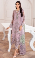 EMBROIDERED NET FRONT EMBROIDERED NET BACK EMBROIDERED NET SLEEVES EMBROIDERED SLEEVES BORDER EMBROIDERED FRONT & BACK BORDERS EMBROIDERED NET DUPATTA EMBROIDERED DUPATTA PATCHES DYED TROUSER