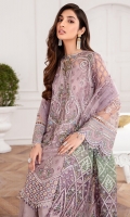 EMBROIDERED NET FRONT EMBROIDERED NET BACK EMBROIDERED NET SLEEVES EMBROIDERED SLEEVES BORDER EMBROIDERED FRONT & BACK BORDERS EMBROIDERED NET DUPATTA EMBROIDERED DUPATTA PATCHES DYED TROUSER