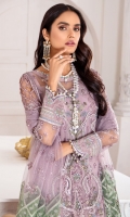 EMBROIDERED NET FRONT EMBROIDERED NET BACK EMBROIDERED NET SLEEVES EMBROIDERED SLEEVES BORDER EMBROIDERED FRONT & BACK BORDERS EMBROIDERED NET DUPATTA EMBROIDERED DUPATTA PATCHES DYED TROUSER
