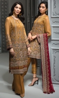 EMBROIDERED CHIFFON FRONT  EMBROIDERED CHIFFON BACK EMBROIDERED CHIFFON SLEEVES  EMBROIDERED CHIFFON DUPATTA  EMBROIDERED SLEEVES BORDER  EMBROIDERED FRONT & BACK BORDERS  EMBROIDERED ORGANZA FRONT & BACK BORDER PATCH  DYED TROUSER