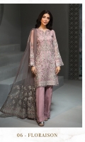 EMBROIDERED CHIFFON FRONT EMBROIDERED CHIFFON BACK  EMBROIDERED CHIFFON SLEEVES  EMBROIDERED NET DUPATTA EMBROIDERED SLEEVES BORDER  EMBROIDERED FRONT & BACK BORDERS  EMBROIDERED SLEEVES & TROUSER ORGANZA PATCH  DYED TROUSER