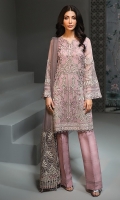 EMBROIDERED CHIFFON FRONT EMBROIDERED CHIFFON BACK  EMBROIDERED CHIFFON SLEEVES  EMBROIDERED NET DUPATTA EMBROIDERED SLEEVES BORDER  EMBROIDERED FRONT & BACK BORDERS  EMBROIDERED SLEEVES & TROUSER ORGANZA PATCH  DYED TROUSER