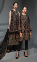 EMBROIDERED CHIFFON FRONT  EMBROIDERED CHIFFON BACK  EMBROIDERED CHIFFON SLEEVES EMBROIDERED CHIFFON DUPATTA  EMBROIDERED FRONT & BACK BORDERS  EMBROIDERED SLEEVES BORDER  EMBROIDERED SLEEVES ORGANZA PATCH  DYED TROUSER
