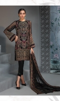 EMBROIDERED CHIFFON FRONT  EMBROIDERED CHIFFON BACK  EMBROIDERED CHIFFON SLEEVES EMBROIDERED CHIFFON DUPATTA  EMBROIDERED FRONT & BACK BORDERS  EMBROIDERED SLEEVES BORDER  EMBROIDERED SLEEVES ORGANZA PATCH  DYED TROUSER
