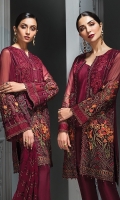EMBROIDERED CHIFFON FRONT  EMBROIDERED CHIFFON BACK EMBROIDERED CHIFFON SLEEVES EMBROIDERED CHIFFON DUPATTA EMBROIDERED FRONT & BACK BORDERS EMBROIDERED SLEEVES BORDER  EMBROIDERED SLEEVES & SHIRT PATTI EMBROIDERED SLEEVES ORGANZA PATCH DYED TROUSER