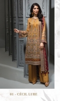 EMBROIDERED CHIFFON FRONT  EMBROIDERED CHIFFON BACK EMBROIDERED CHIFFON SLEEVES  EMBROIDERED CHIFFON DUPATTA  EMBROIDERED SLEEVES BORDER  EMBROIDERED FRONT & BACK BORDERS  EMBROIDERED ORGANZA FRONT & BACK BORDER PATCH  DYED TROUSER