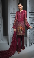 EMBROIDERED CHIFFON FRONT  EMBROIDERED CHIFFON BACK EMBROIDERED CHIFFON SLEEVES EMBROIDERED CHIFFON DUPATTA EMBROIDERED FRONT & BACK BORDERS EMBROIDERED SLEEVES BORDER  EMBROIDERED SLEEVES & SHIRT PATTI EMBROIDERED SLEEVES ORGANZA PATCH DYED TROUSER