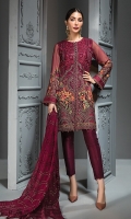 EMBROIDERED CHIFFON FRONT  EMBROIDERED CHIFFON BACK EMBROIDERED CHIFFON SLEEVES EMBROIDERED CHIFFON DUPATTA EMBROIDERED FRONT & BACK BORDERS EMBROIDERED SLEEVES BORDER  EMBROIDERED SLEEVES & SHIRT PATTI EMBROIDERED SLEEVES ORGANZA PATCH DYED TROUSER