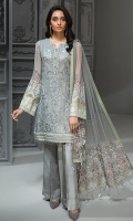 EMBROIDERED CHIFFON FRONT  EMBROIDERED CHIFFON BACK  EMBROIDERED CHIFFON SLEEVES EMBROIDERED NET DUPATTA  EMBROIDERED SLEEVES BORDER  EMBROIDERED FRONT & BACK BORDERS  DYED TROUSER