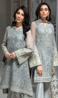 EMBROIDERED CHIFFON FRONT  EMBROIDERED CHIFFON BACK  EMBROIDERED CHIFFON SLEEVES EMBROIDERED NET DUPATTA  EMBROIDERED SLEEVES BORDER  EMBROIDERED FRONT & BACK BORDERS  DYED TROUSER