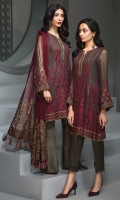 EMBROIDERED CHIFFON FRONT PANEL  EMBROIDERED CHIFFON FRONT SIDE PANELS EMBROIDERED CHIFFON BACK PANEL EMBROIDERED CHIFFON BACK SIDE PANELS  EMBROIDERED CHIFFON SLEEVES  EMBROIDERED NET DUPATTA  EMBROIDERED SLEEVES BORDER  EMBROIDERED FRONT & BACK BORDERS DYED TROUSER