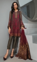 EMBROIDERED CHIFFON FRONT PANEL  EMBROIDERED CHIFFON FRONT SIDE PANELS EMBROIDERED CHIFFON BACK PANEL EMBROIDERED CHIFFON BACK SIDE PANELS  EMBROIDERED CHIFFON SLEEVES  EMBROIDERED NET DUPATTA  EMBROIDERED SLEEVES BORDER  EMBROIDERED FRONT & BACK BORDERS DYED TROUSER