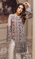 Embroidered Chiffon Front  Embroidered Chiffon Back Embroidered Chiffon Sleeves Embroidered Chiffon Dupatta Embroidered Front & Back Border Embroidered Sleeves Border Dyed Raw Silk Trouser 