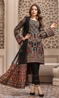 Embroidered Chiffon Front  Embroidered Chiffon Back Embroidered Chiffon Sleeves Embroidered Net Dupatta Embroidered Front & Back Border Embroidered Sleeves Border Dyed Raw Silk Trouser 