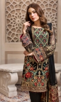 Embroidered Chiffon Front  Embroidered Chiffon Back Embroidered Chiffon Sleeves Embroidered Net Dupatta Embroidered Front & Back Border Embroidered Sleeves Border Dyed Raw Silk Trouser 