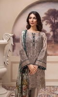 Embroidered Chiffon Front  Embroidered Chiffon Back Embroidered Chiffon Sleeves Digital Printed Pure Silk Tissue Dupatta Embroidered Front & Back Border Embroidered Sleeves Border Dyed Raw Silk Trouser 
