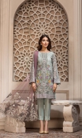 Embroidered Chiffon Front Embroidered Chiffon Side Panels Embroidered Chiffon Back Embroidered Chiffon Sleeves Embroidered Net Dupatta Embroidered Front, Back, Sleeves Borders Dyed Raw Silk Trouser 