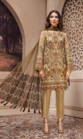 Embroidered Chiffon Front Embroidered Chiffon Side Panels Embroidered Chiffon Back Embroidered Chiffon Sleeves Embroidered Net Dupatta Embroidered Front & Back Borders Embroidered Sleeves Border Dyed Raw Silk Trouser 