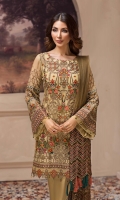 Embroidered Chiffon Front Embroidered Chiffon Side Panels Embroidered Chiffon Back Embroidered Chiffon Sleeves Embroidered Net Dupatta Embroidered Front & Back Borders Embroidered Sleeves Border Dyed Raw Silk Trouser 