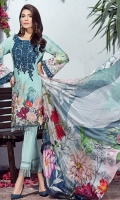 Digital Printed Lawn Front Digital Printed Lawn Back Digital Printed Sleeves Embroidered Neck Patch Embroidered Front Border Patch Digital Printed Tissue Silk Dupatta Dyed Trouser