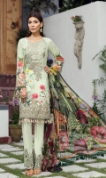 Digital Printed Lawn Front Digital Printed Back Digital Printed Sleeves Embroidered Neck Patch Embroidered Front Border Patch Embroidered Trouser Patch Digital Printed Pure Chiffon Dupatta Dyed Trouser