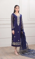 Navy Blue Khaddi net shirt with gota handwork with mirror work on front gala and boti work on the rest of the shirt. The sleeves and daaman border are done with exquisite Gota work stitchedwith perfection.  Dupatta is organza fabric with gota work all over it.