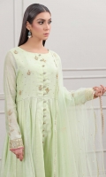 Mint green frock with front and sleeves Hand embroidered Embellishments with Heavy Kundan lace on sleeves and daaman along with contract Pink Pipin.  Mint green Hand embroidered dupatta with samosa lace finishing